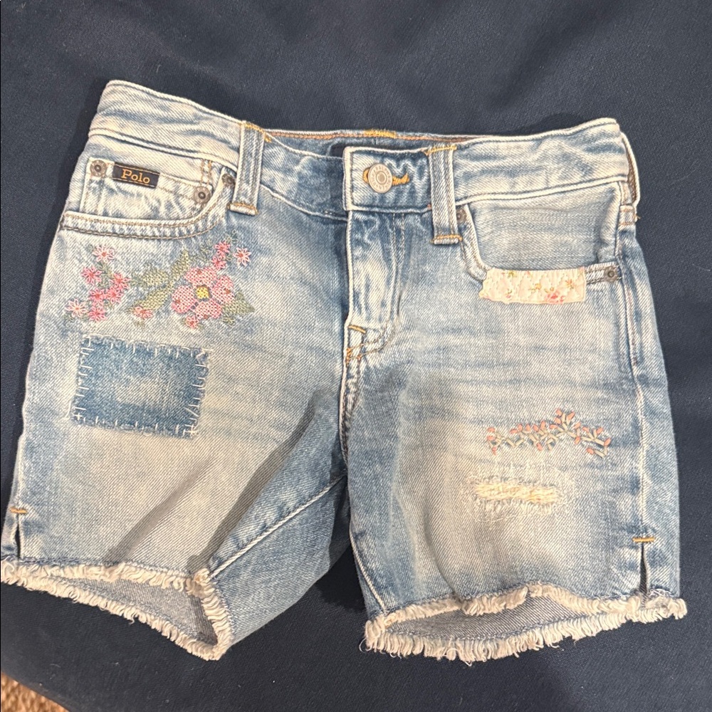 Polo by Ralph Lauren Women's Light Blue Jean Shorts with Floral Embroidery